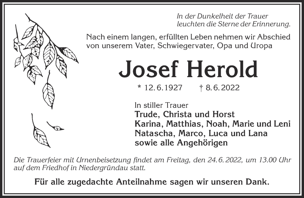  Traueranzeige für Josef Herold vom 18.06.2022 aus Mittelhessen-Bote
