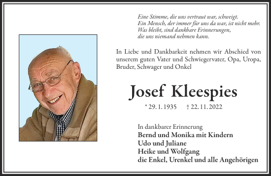 Traueranzeige von Josef Kleespies von Mittelhessen-Bote