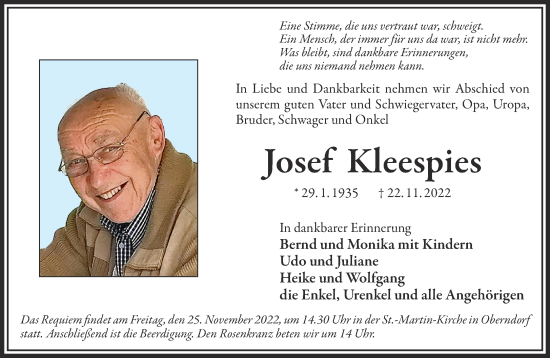 Traueranzeige von Josef Kleespies von Gelnhäuser Neue Zeitung