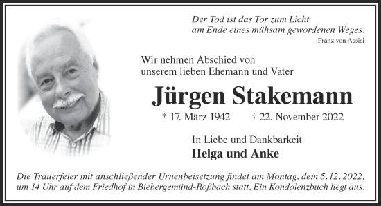 Traueranzeige von Jürgen Stakemann von Gelnhäuser Neue Zeitung