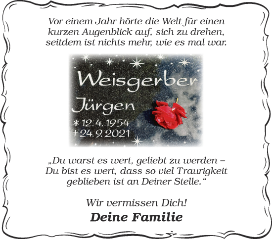 Traueranzeige von Jürgen Weisgerber von Gelnhäuser Neue Zeitung