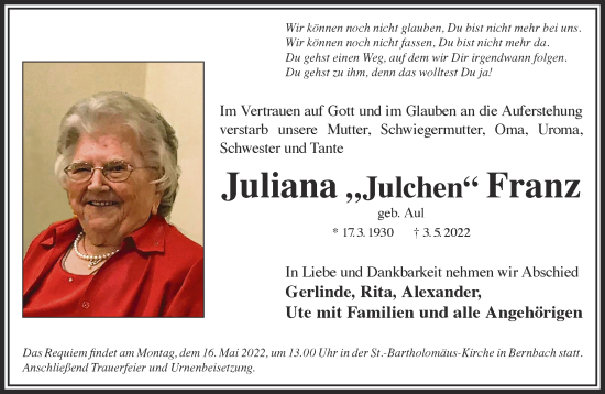 Traueranzeige von Juliana Franz von Gelnhäuser Neue Zeitung