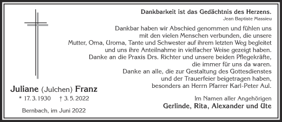 Traueranzeige von Juliane Franz von Gelnhäuser Neue Zeitung