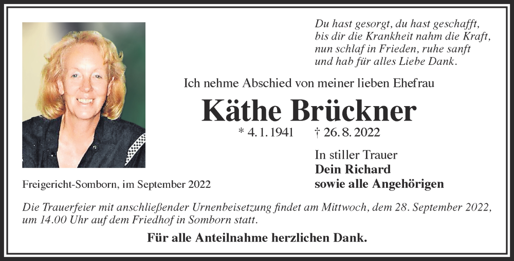  Traueranzeige für Käthe Brückner vom 17.09.2022 aus Gelnhäuser Neue Zeitung