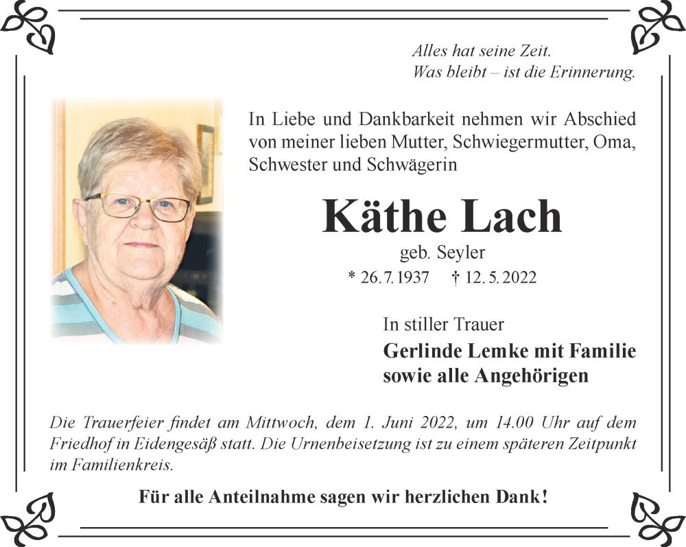  Traueranzeige für Käthe Lach vom 28.05.2022 aus Gelnhäuser Neue Zeitung
