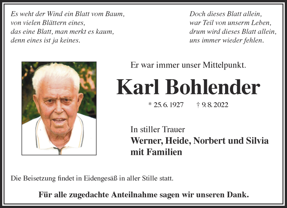  Traueranzeige für Karl Bohlender vom 20.08.2022 aus Gelnhäuser Neue Zeitung