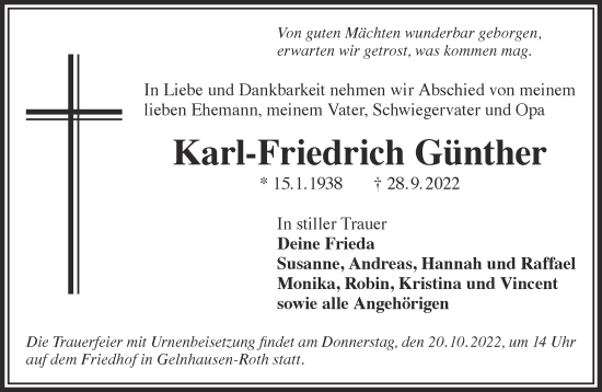 Traueranzeige von Karl-Friedrich Günther von Gelnhäuser Neue Zeitung