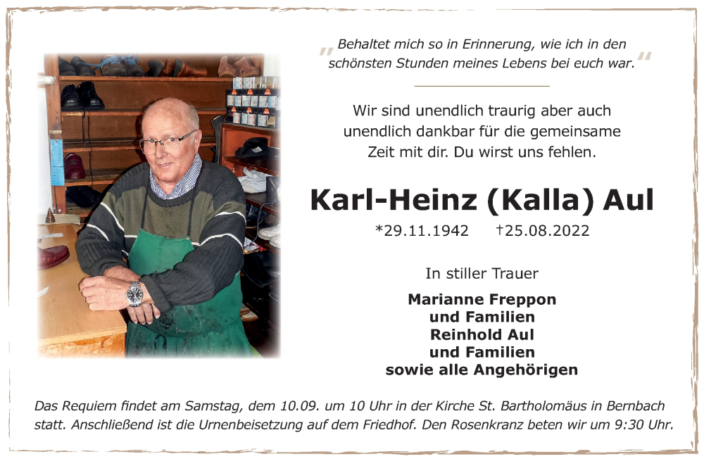  Traueranzeige für Karl-Heinz Aul vom 03.09.2022 aus Gelnhäuser Neue Zeitung