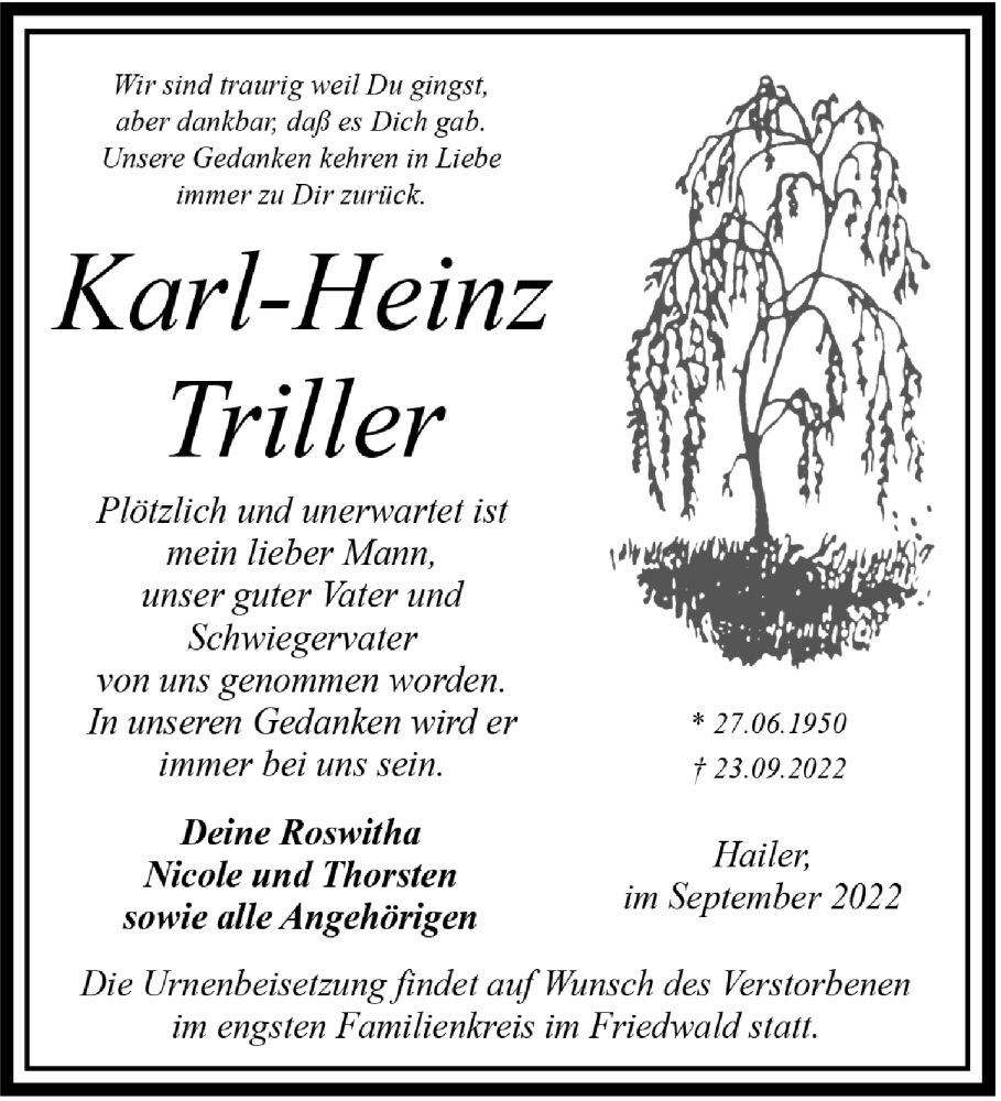  Traueranzeige für Karl-Heinz Triller vom 08.10.2022 aus Mittelhessen-Bote
