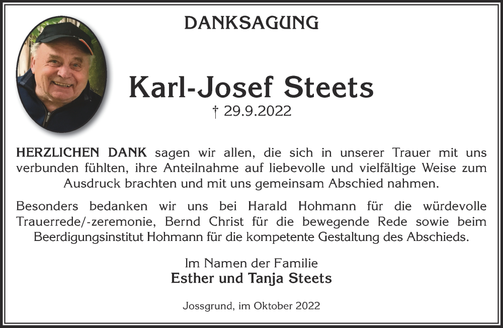  Traueranzeige für Karl-Josef Steets vom 29.10.2022 aus Gelnhäuser Neue Zeitung