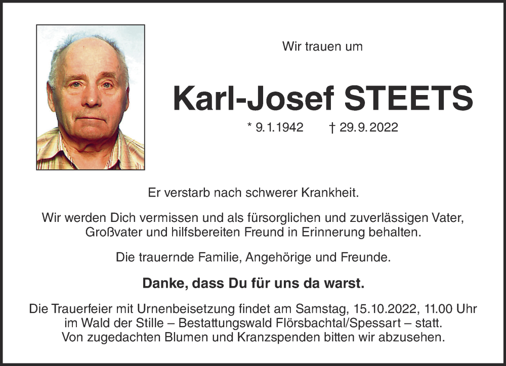  Traueranzeige für Karl-Josef Steets vom 15.10.2022 aus Mittelhessen-Bote
