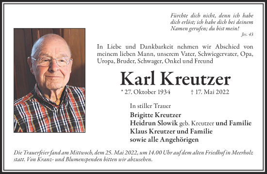 Traueranzeige von Karl Kreutzer von Mittelhessen-Bote