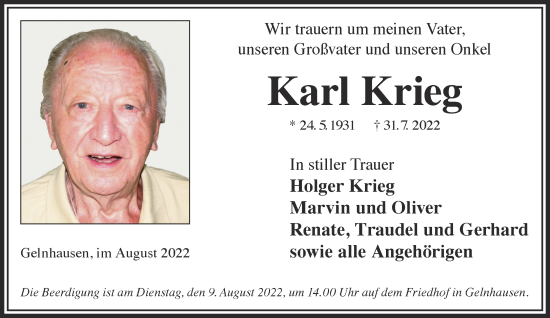 Traueranzeige von Karl Krieg von Gelnhäuser Neue Zeitung