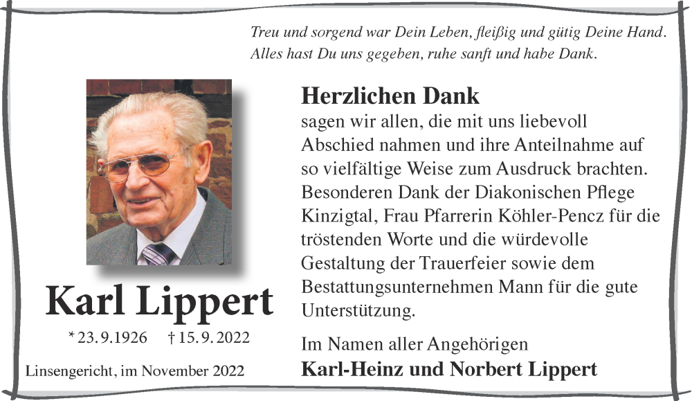  Traueranzeige für Karl Lippert vom 26.11.2022 aus Mittelhessen-Bote