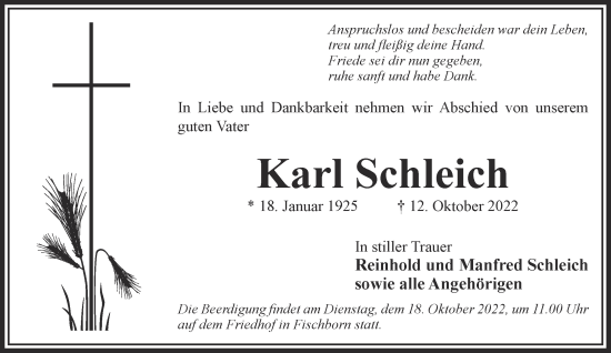 Traueranzeige von Karl Schleich von Gelnhäuser Neue Zeitung
