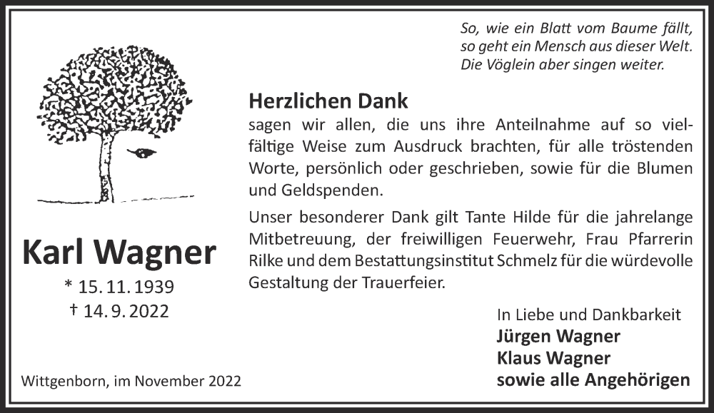  Traueranzeige für Karl Wagner vom 05.11.2022 aus Gelnhäuser Neue Zeitung