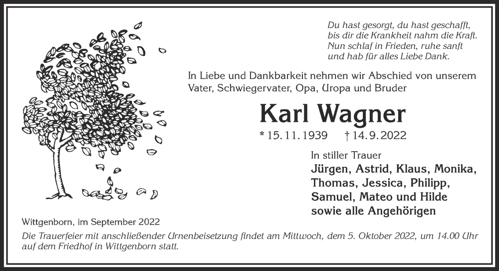  Traueranzeige für Karl Wagner vom 01.10.2022 aus Mittelhessen-Bote
