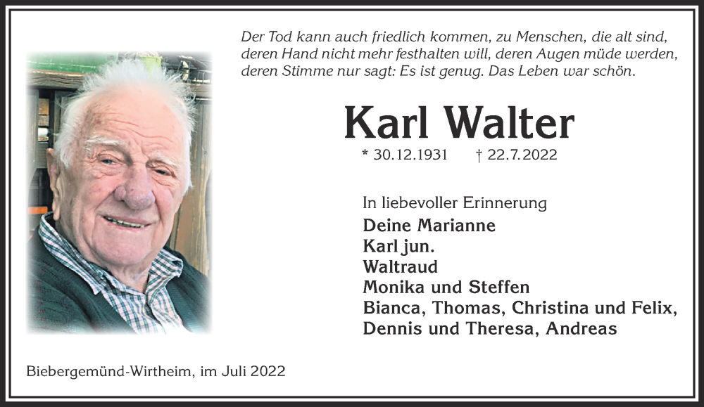  Traueranzeige für Karl Walter vom 30.07.2022 aus Mittelhessen-Bote