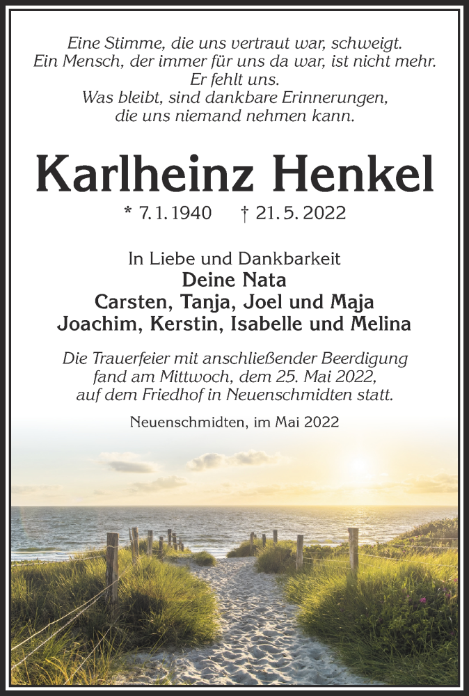  Traueranzeige für Karlheinz Henkel vom 28.05.2022 aus Mittelhessen-Bote
