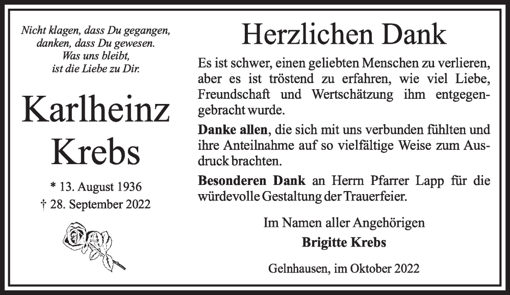  Traueranzeige für Karlheinz Krebs vom 15.10.2022 aus Mittelhessen-Bote
