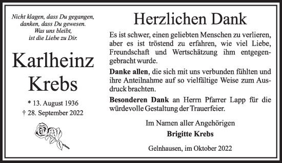 Traueranzeige von Karlheinz Krebs von Gelnhäuser Neue Zeitung