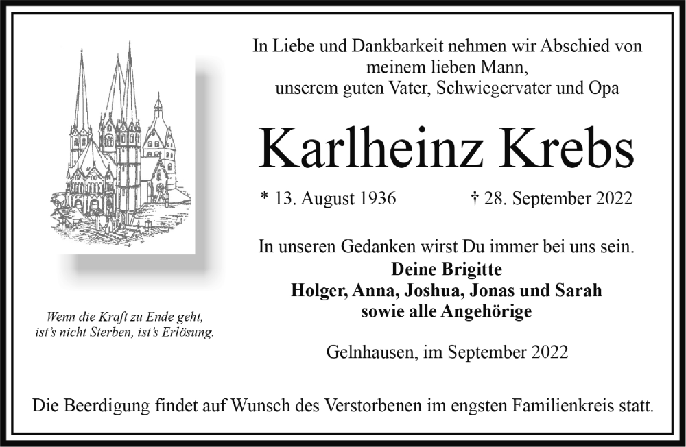  Traueranzeige für Karlheinz Krebs vom 01.10.2022 aus Mittelhessen-Bote