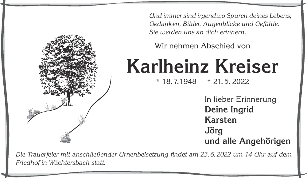  Traueranzeige für Karlheinz Kreiser vom 11.06.2022 aus Mittelhessen-Bote