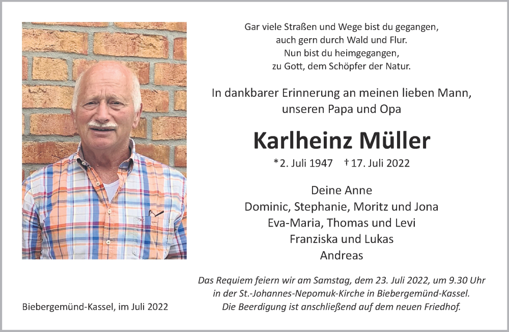  Traueranzeige für Karlheinz Müller vom 23.07.2022 aus Mittelhessen-Bote