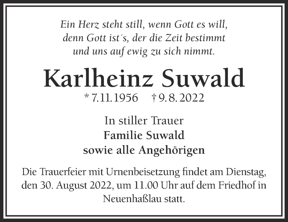  Traueranzeige für Karlheinz Suwald vom 27.08.2022 aus Gelnhäuser Neue Zeitung