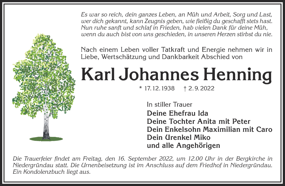  Traueranzeige für Karl Johannes Henning vom 10.09.2022 aus Gelnhäuser Neue Zeitung