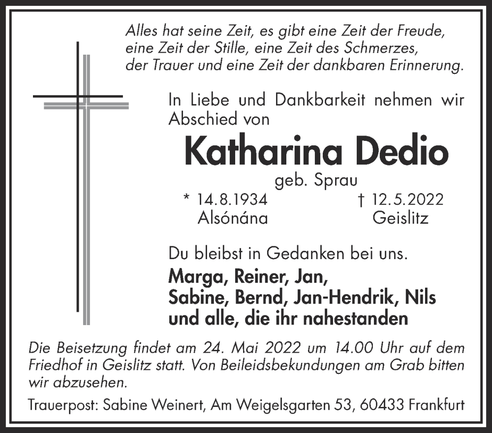  Traueranzeige für Katharina Dedio vom 21.05.2022 aus Gelnhäuser Neue Zeitung