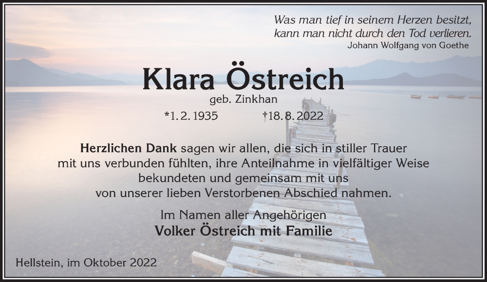  Traueranzeige für Klara Östreich vom 15.10.2022 aus Mittelhessen-Bote