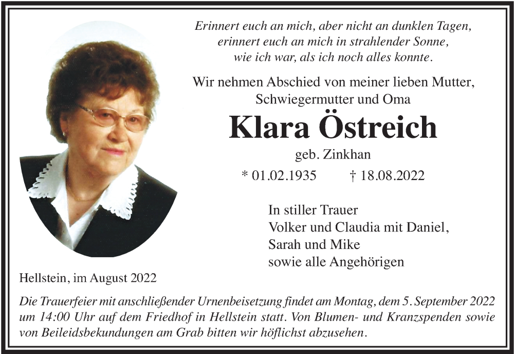  Traueranzeige für Klara Östreich vom 03.09.2022 aus Gelnhäuser Neue Zeitung