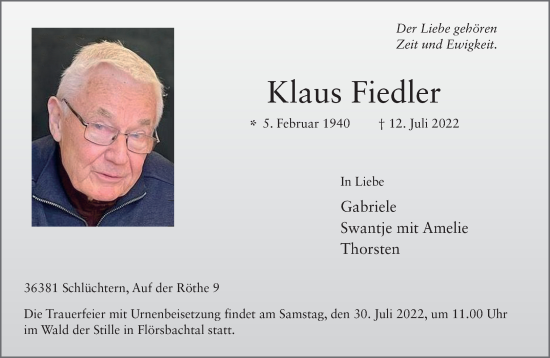 Traueranzeige von Klaus Fiedler von Gelnhäuser Neue Zeitung