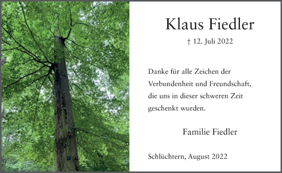Traueranzeige von Klaus Fiedler von Gelnhäuser Neue Zeitung