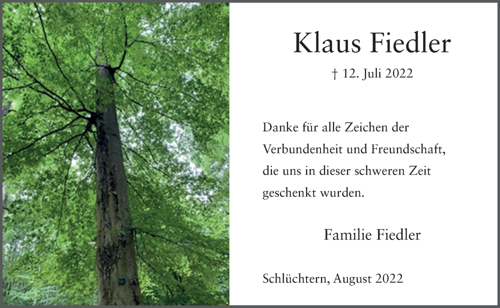  Traueranzeige für Klaus Fiedler vom 13.08.2022 aus Gelnhäuser Neue Zeitung