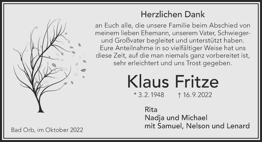  Traueranzeige für Klaus Fritze vom 22.10.2022 aus Gelnhäuser Neue Zeitung
