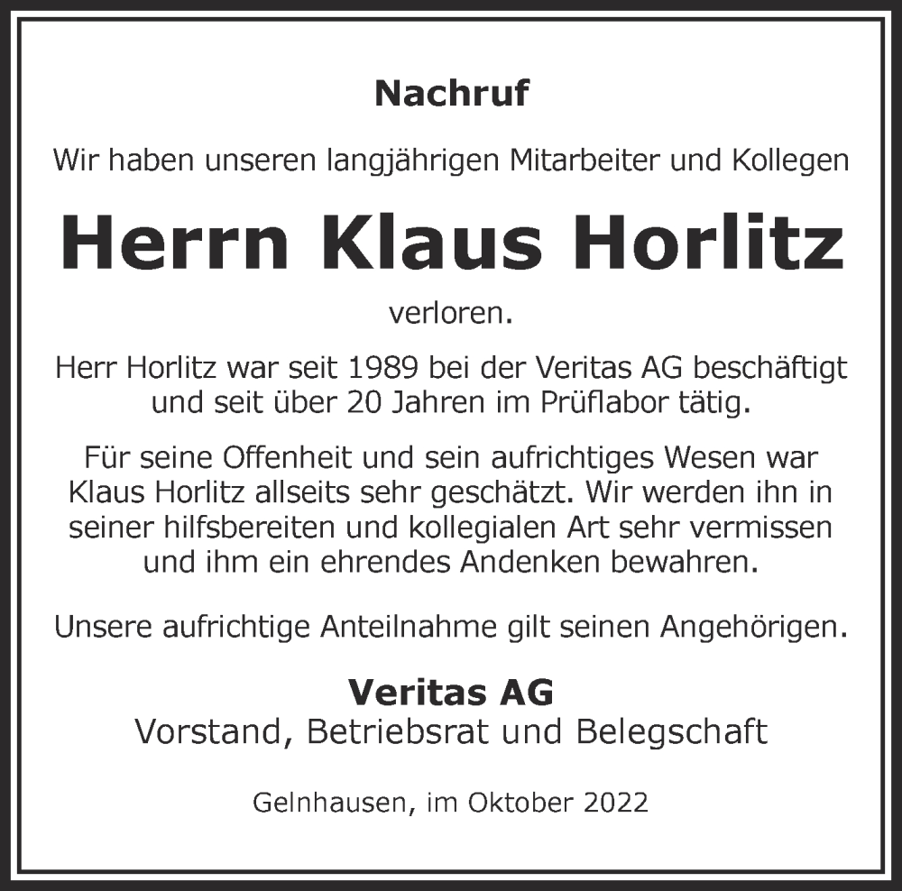  Traueranzeige für Klaus Horlitz vom 29.10.2022 aus Mittelhessen-Bote