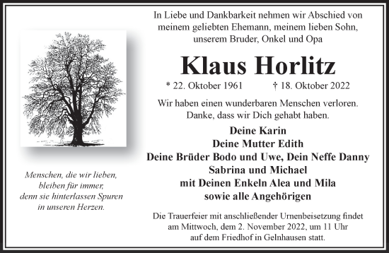 Traueranzeige von Klaus Horlitz von Mittelhessen-Bote