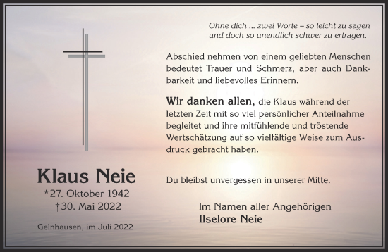 Traueranzeige von Klaus Neie von Gelnhäuser Neue Zeitung