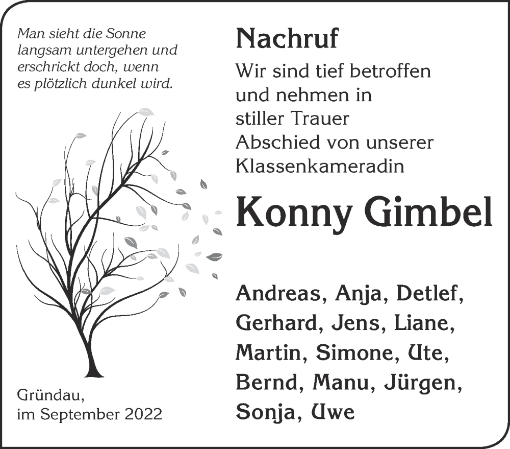  Traueranzeige für Konny Gimbel vom 10.09.2022 aus Mittelhessen-Bote