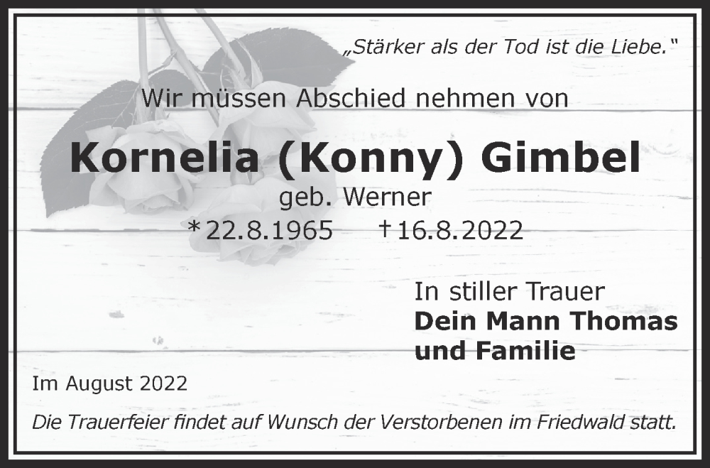  Traueranzeige für Kornelia Gimbel vom 20.08.2022 aus Gelnhäuser Neue Zeitung