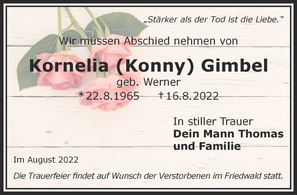  Traueranzeige für Kornelia Gimbel vom 27.08.2022 aus Mittelhessen-Bote
