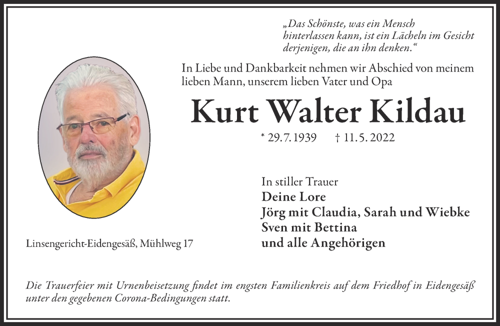  Traueranzeige für Kurt Walter Kildau vom 21.05.2022 aus Mittelhessen-Bote