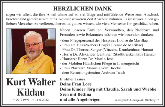 Traueranzeige von Kurt Walter Kildau von Gelnhäuser Neue Zeitung