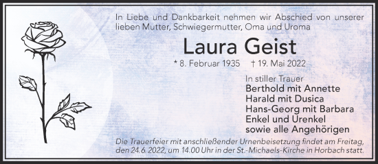 Traueranzeige von Laura Geist von Gelnhäuser Neue Zeitung