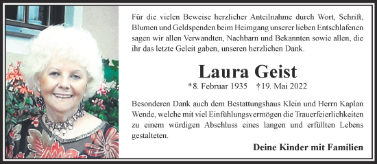 Traueranzeige von Laura Geist von Gelnhäuser Neue Zeitung