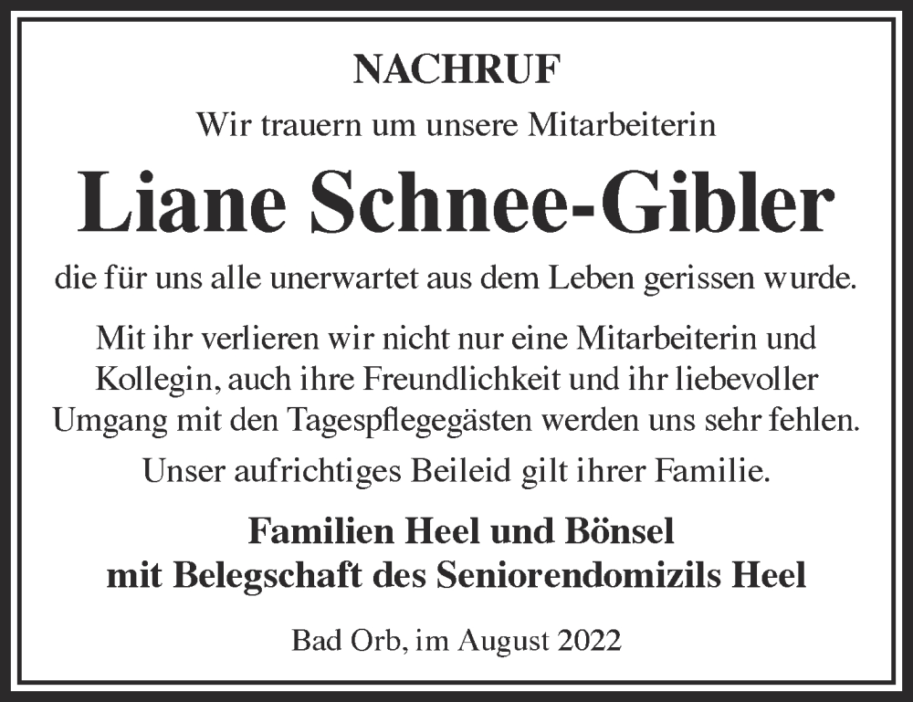  Traueranzeige für Liane Schnee-Gibler vom 20.08.2022 aus Gelnhäuser Neue Zeitung