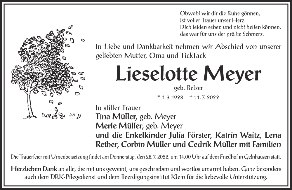  Traueranzeige für Lieselotte Meyer vom 23.07.2022 aus Gelnhäuser Neue Zeitung