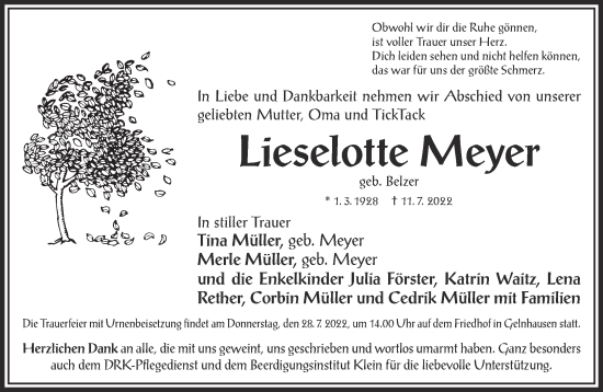 Traueranzeige von Lieselotte Meyer von Gelnhäuser Neue Zeitung